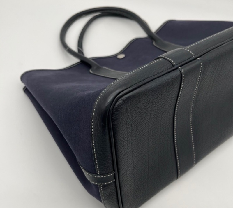 「JL精品代購」愛馬仕深藍色帆布拼皮花園36手提托特包-7