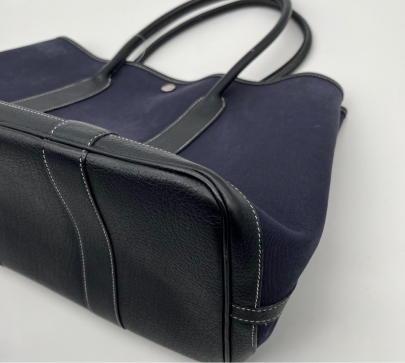 「JL精品代購」愛馬仕深藍色帆布拼皮花園36手提托特包-8