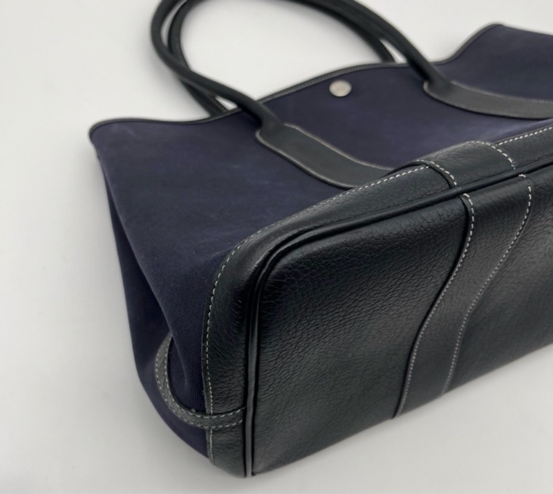 「JL精品代購」愛馬仕深藍色帆布拼皮花園36手提托特包-9