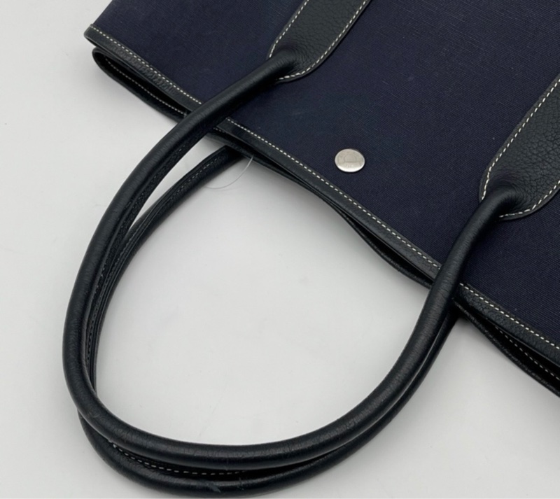 「JL精品代購」愛馬仕深藍色帆布拼皮花園36手提托特包-15