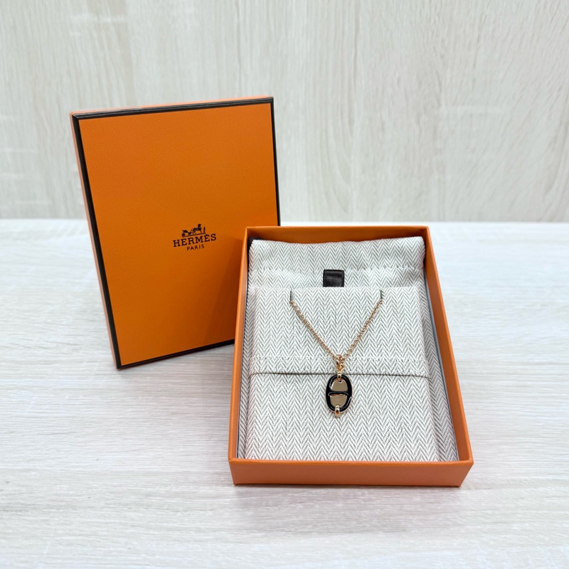 HERMES玫瑰金拼黑色豬鼻子項鍊COLLER PM MINI MAILLON-0