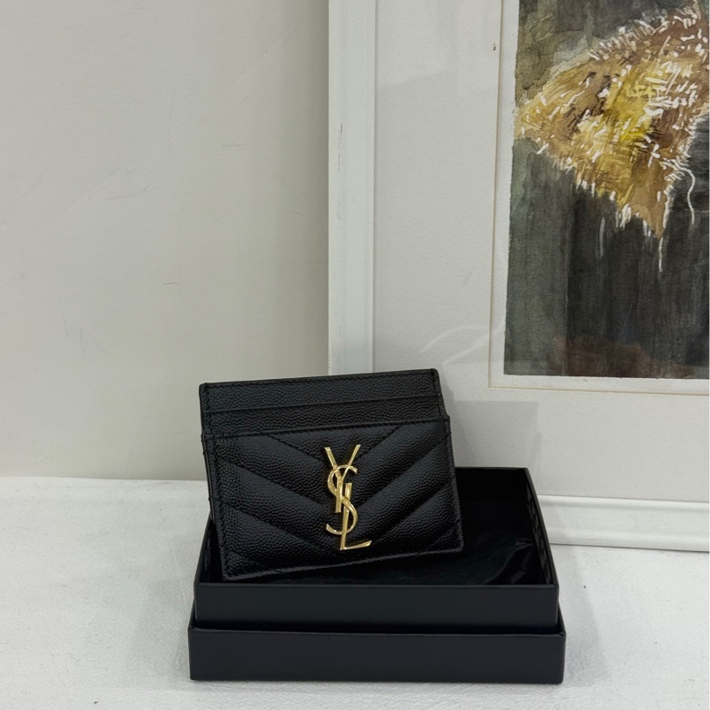 YSL聖羅蘭 魚子醬荔枝紋黑色金標錢包卡包-0