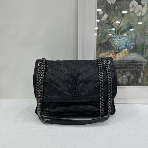 YSL/聖羅蘭，Niki中號，油蠟皮，黑銀鏈條包，尺寸：28*8*20cm