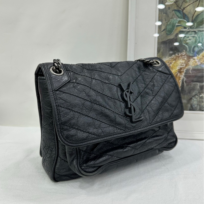 YSL/聖羅蘭，Niki中號，油蠟皮，黑銀鏈條包，尺寸：28*8*20cm-4