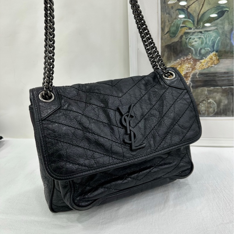 YSL/聖羅蘭，Niki中號，油蠟皮，黑銀鏈條包，尺寸：28*8*20cm-5