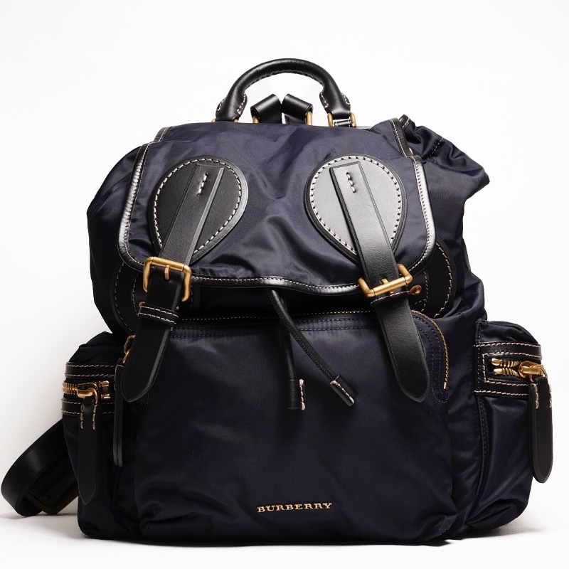 BURBERRY  The Rucksack Vintage 經典金色LOGO翻蓋中型後背包(藍色/M)-0