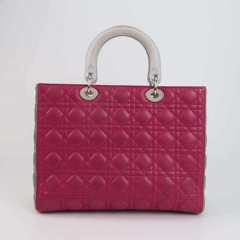 Dior Lady Dior戴妃包大號羊皮拼色藤格紋Logo字母吊飾手提包-4