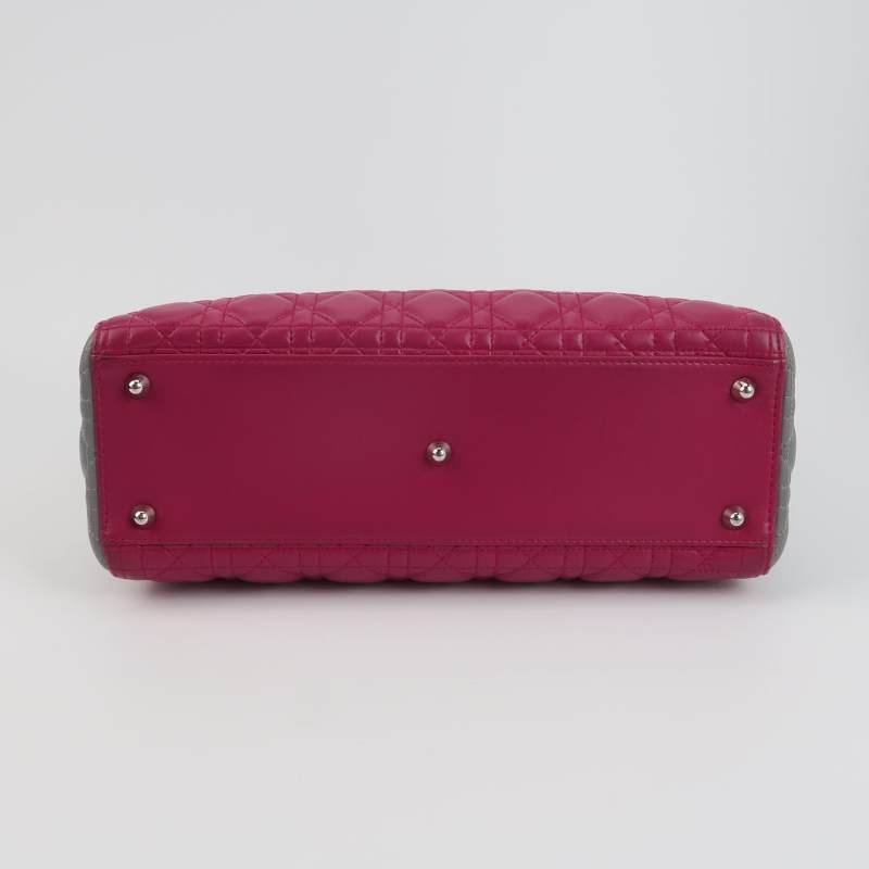 Dior Lady Dior戴妃包大號羊皮拼色藤格紋Logo字母吊飾手提包-5