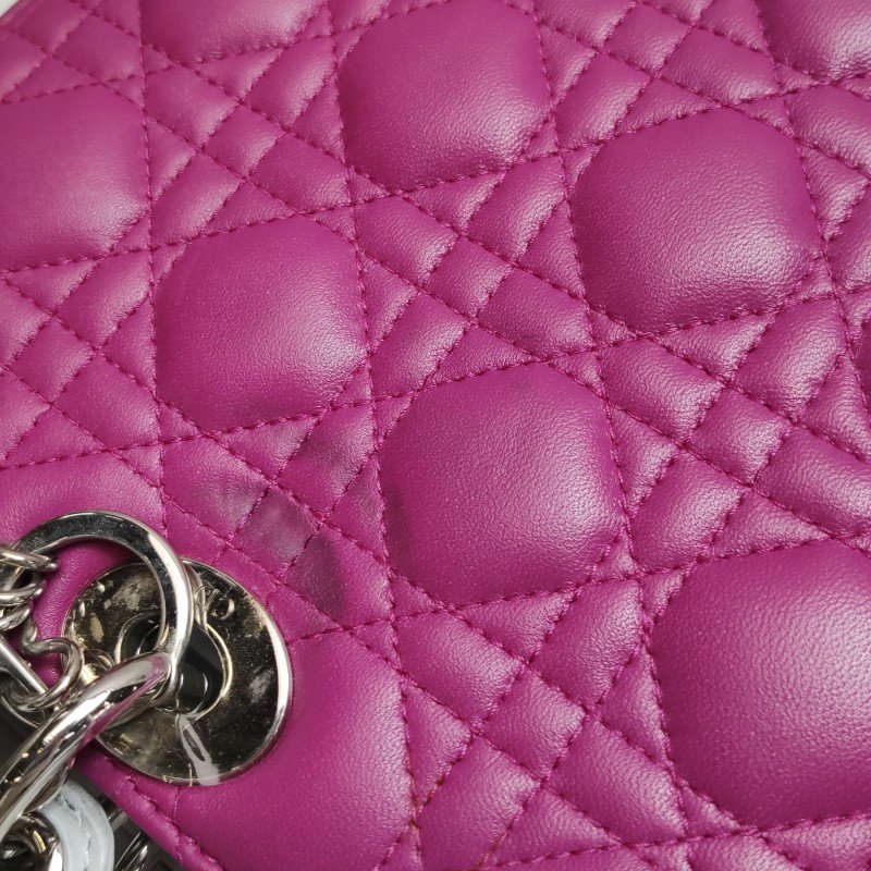 Dior Lady Dior戴妃包大號羊皮拼色藤格紋Logo字母吊飾手提包-11