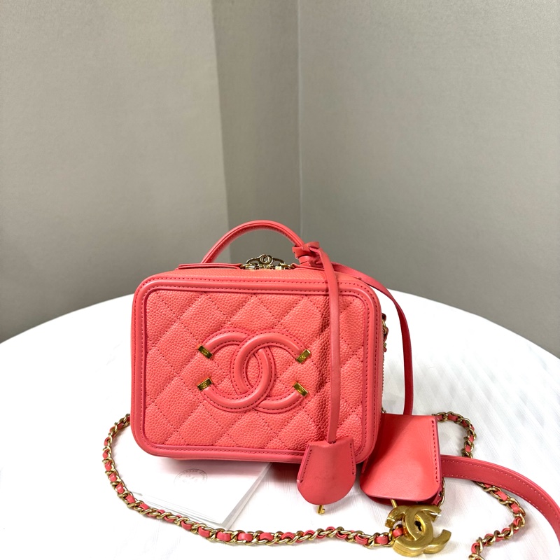 Chanel 荔枝牛皮 珊瑚粉 相機包、化妝盒子包Vanity case系列小號，可以手提單肩-0