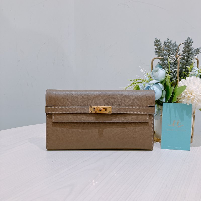 TK1897 Hermes 愛馬仕 凱莉 長銀包 長夾 大象灰 金扣 有膜 Kelly Long Wallet Epsom Etoupe x GHW-0