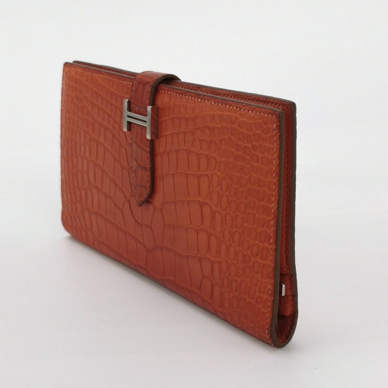 Hermes Bearn小號標誌H袢帶錢包Alligator短吻鱷魚皮銀扣5F南瓜色框P刻-1
