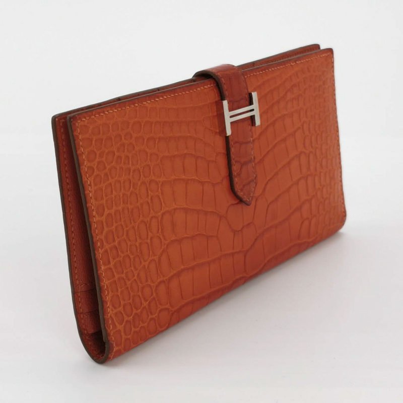 Hermes Bearn小號標誌H袢帶錢包Alligator短吻鱷魚皮銀扣5F南瓜色框P刻-2