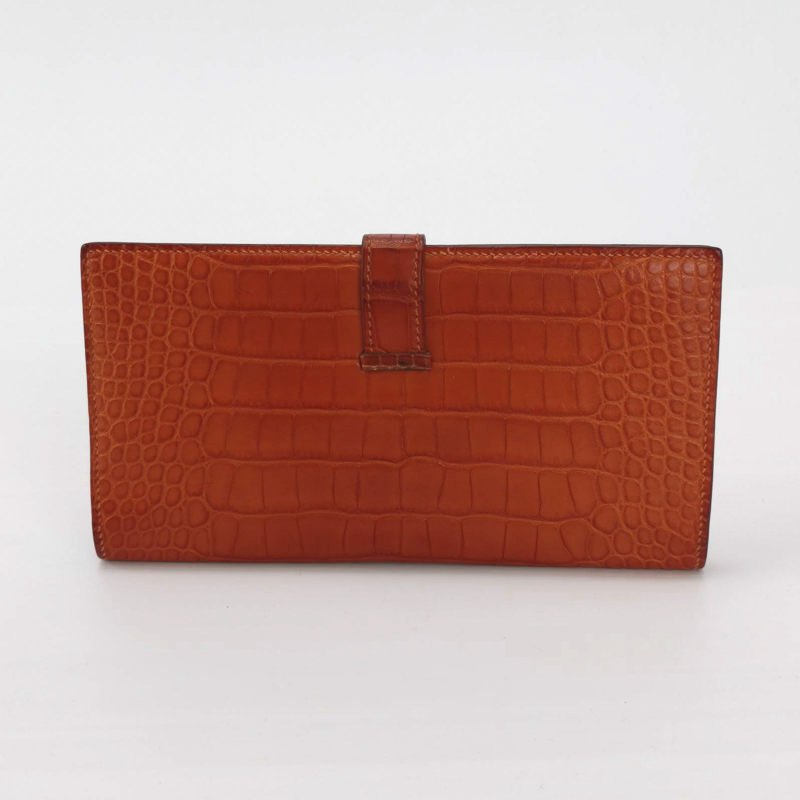 Hermes Bearn小號標誌H袢帶錢包Alligator短吻鱷魚皮銀扣5F南瓜色框P刻-3