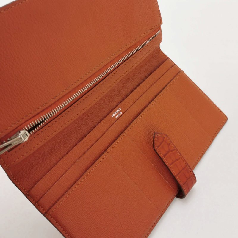 Hermes Bearn小號標誌H袢帶錢包Alligator短吻鱷魚皮銀扣5F南瓜色框P刻-6