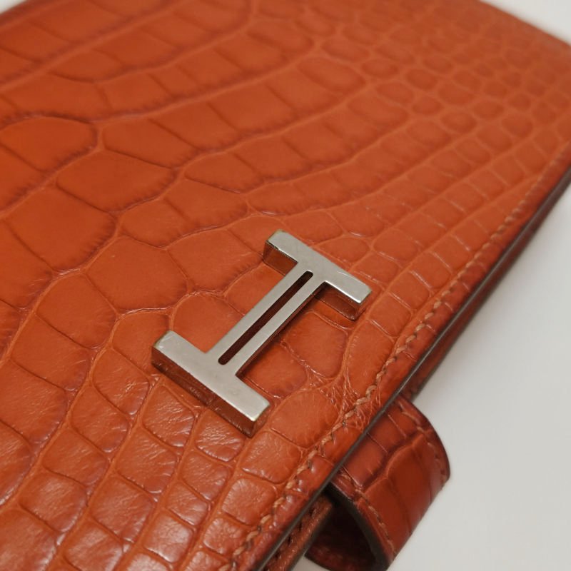 Hermes Bearn小號標誌H袢帶錢包Alligator短吻鱷魚皮銀扣5F南瓜色框P刻-10
