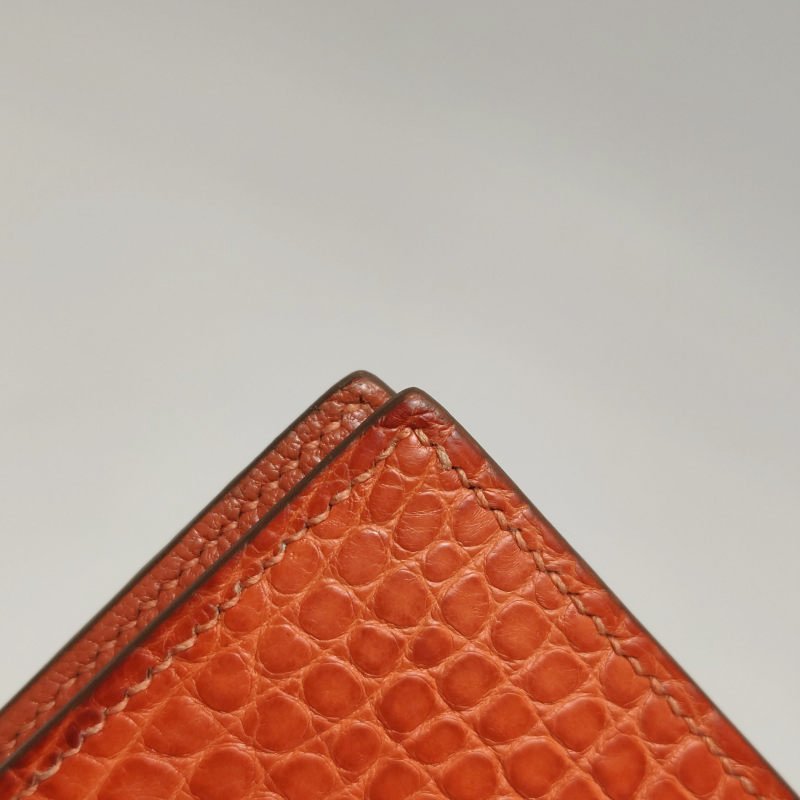 Hermes Bearn小號標誌H袢帶錢包Alligator短吻鱷魚皮銀扣5F南瓜色框P刻-13