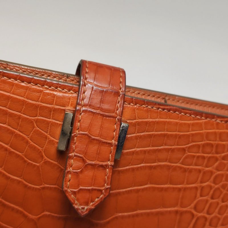 Hermes Bearn小號標誌H袢帶錢包Alligator短吻鱷魚皮銀扣5F南瓜色框P刻-14