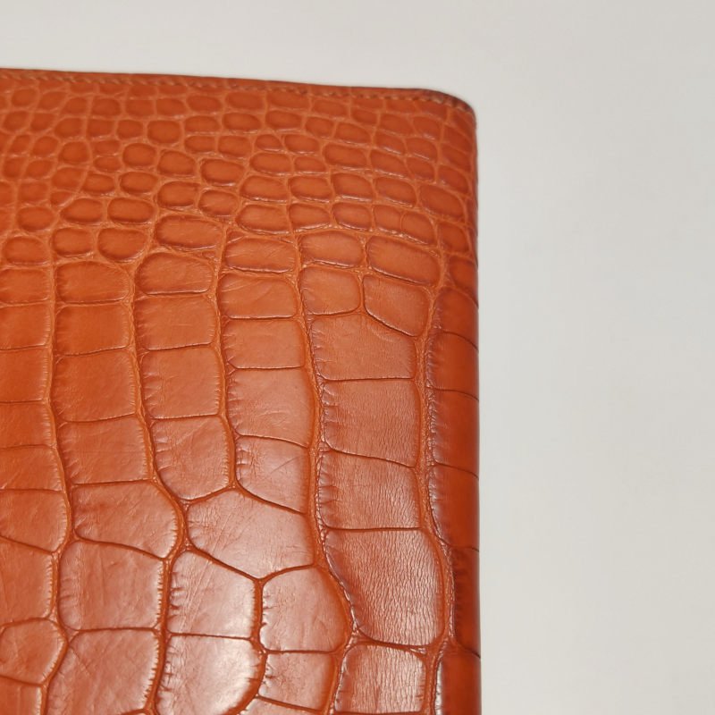 Hermes Bearn小號標誌H袢帶錢包Alligator短吻鱷魚皮銀扣5F南瓜色框P刻-16