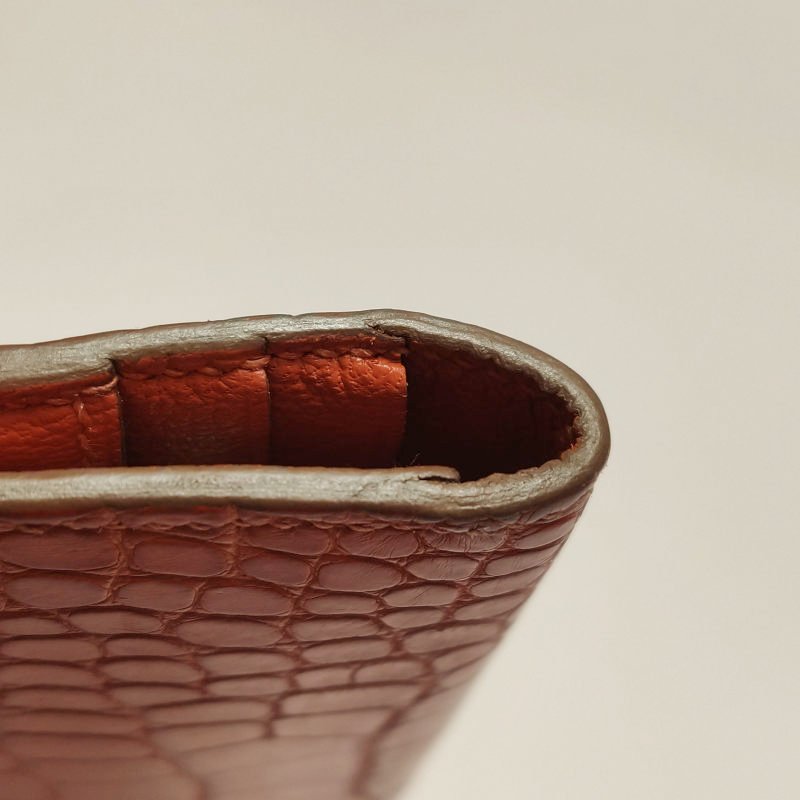 Hermes Bearn小號標誌H袢帶錢包Alligator短吻鱷魚皮銀扣5F南瓜色框P刻-18