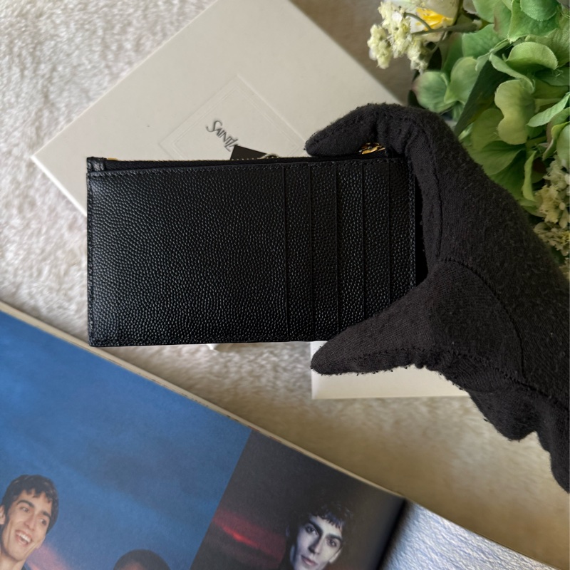 山形紋荔枝皮金字Logo拉鍊卡片/零錢夾(黑色)-3