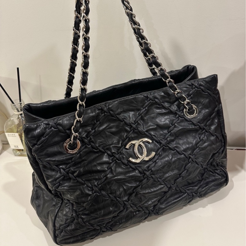 Chanel 黑銀油蠟皮外縫線手提tote單肩包 vintage14開 泡芙軟糯手感柔軟-0