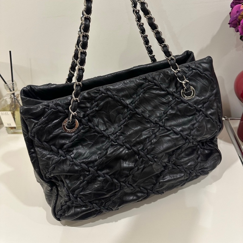 Chanel 黑銀油蠟皮外縫線手提tote單肩包 vintage14開 泡芙軟糯手感柔軟-2