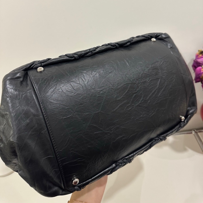 Chanel 黑銀油蠟皮外縫線手提tote單肩包 vintage14開 泡芙軟糯手感柔軟-3