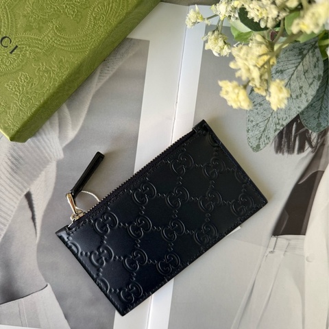 GG Logo 滿版壓紋牛皮拉鍊卡夾包/零錢包(深藍色)