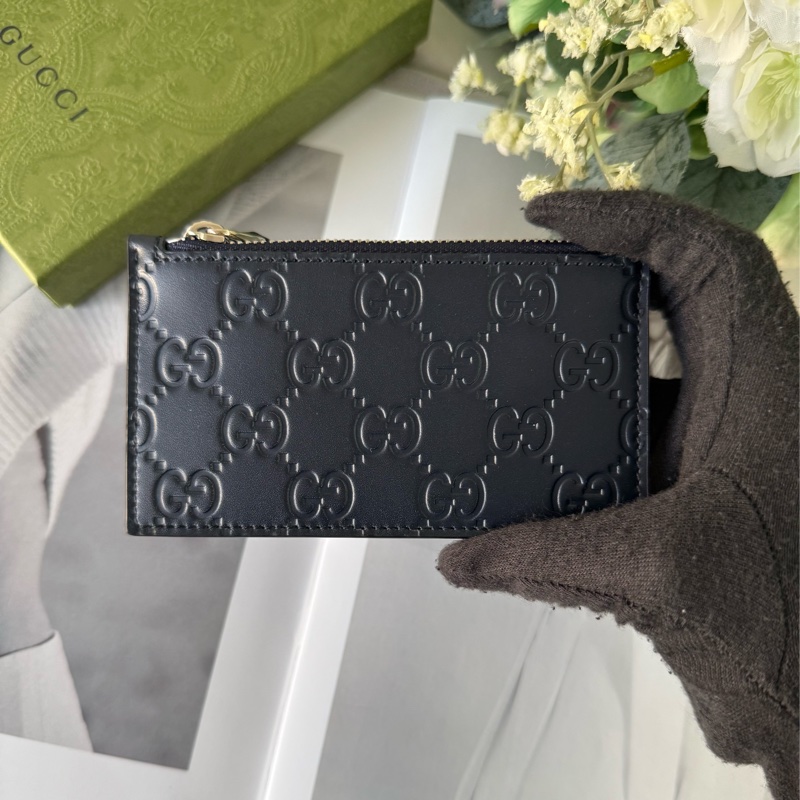 GG Logo 滿版壓紋牛皮拉鍊卡夾包/零錢包(深藍色)-1