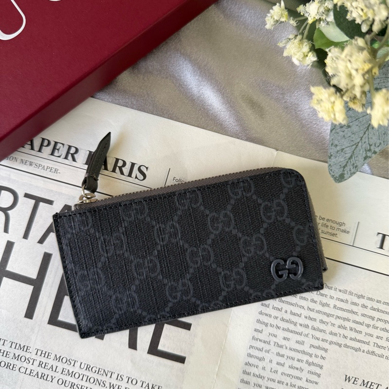 GG Supreme 帆布及皮革拉鍊卡夾/零錢包(黑色/灰色)-0