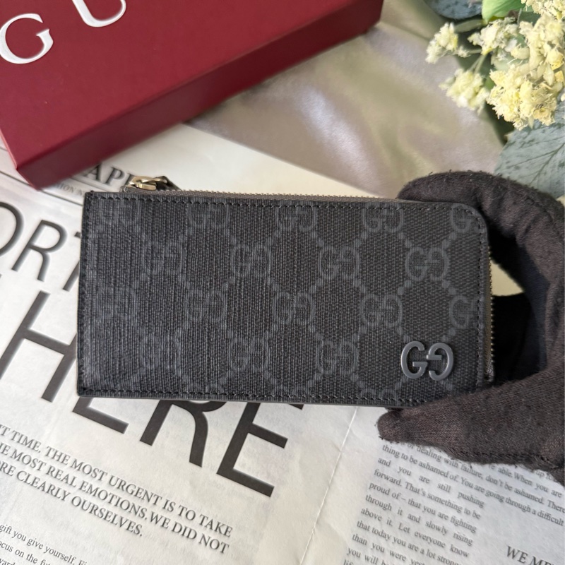 GG Supreme 帆布及皮革拉鍊卡夾/零錢包(黑色/灰色)-1