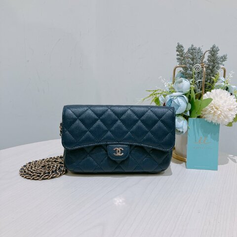 TK1898 Chanel 香奈兒 翻蓋 手機包 鏈條錢包 魚子醬牛皮 荔枝紋 寶藍色 金扣 斜背 Flap Phone Holder Wallet On Chain Caviar Navy x GHW
