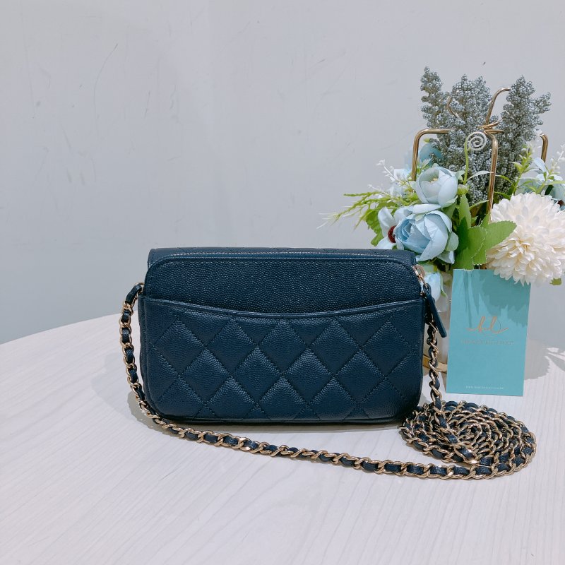 TK1898 Chanel 香奈兒 翻蓋 手機包 鏈條錢包 魚子醬牛皮 荔枝紋 寶藍色 金扣 斜背 Flap Phone Holder Wallet On Chain Caviar Navy x GHW-1