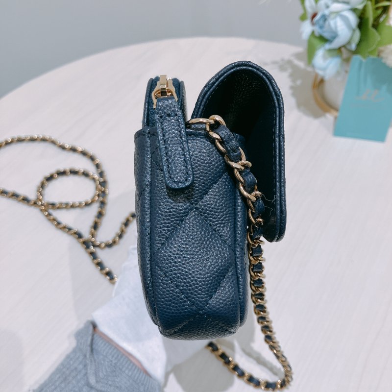 TK1898 Chanel 香奈兒 翻蓋 手機包 鏈條錢包 魚子醬牛皮 荔枝紋 寶藍色 金扣 斜背 Flap Phone Holder Wallet On Chain Caviar Navy x GHW-2