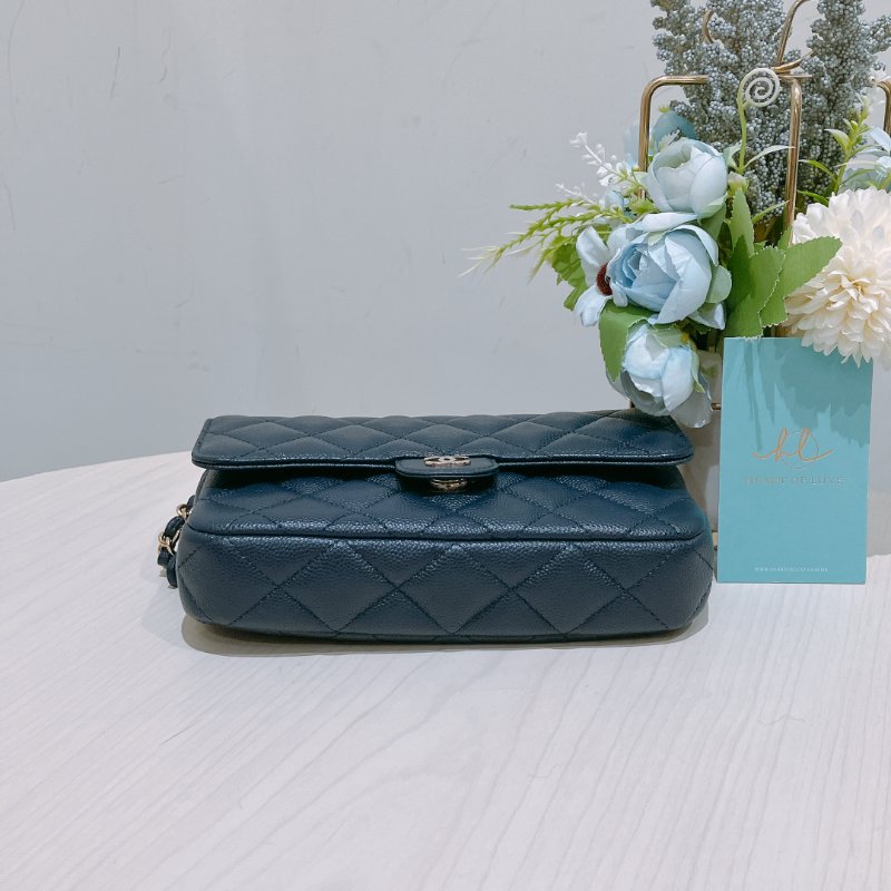 TK1898 Chanel 香奈兒 翻蓋 手機包 鏈條錢包 魚子醬牛皮 荔枝紋 寶藍色 金扣 斜背 Flap Phone Holder Wallet On Chain Caviar Navy x GHW-4