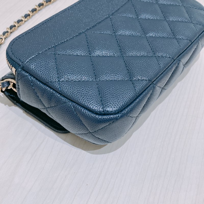 TK1898 Chanel 香奈兒 翻蓋 手機包 鏈條錢包 魚子醬牛皮 荔枝紋 寶藍色 金扣 斜背 Flap Phone Holder Wallet On Chain Caviar Navy x GHW-7