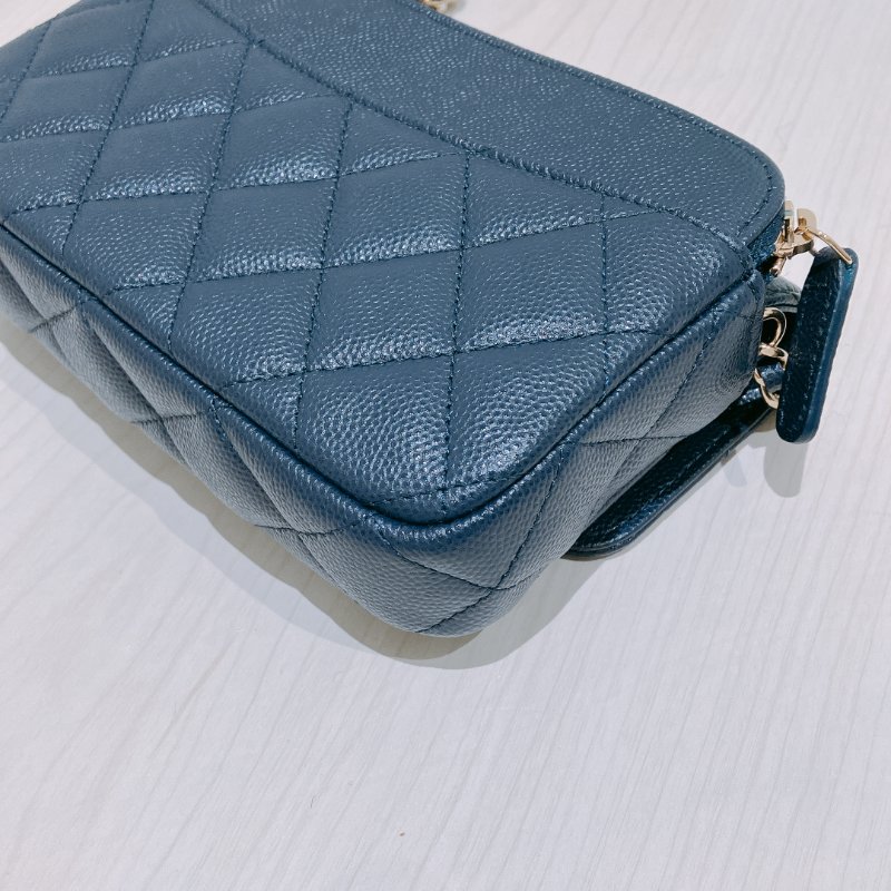 TK1898 Chanel 香奈兒 翻蓋 手機包 鏈條錢包 魚子醬牛皮 荔枝紋 寶藍色 金扣 斜背 Flap Phone Holder Wallet On Chain Caviar Navy x GHW-8