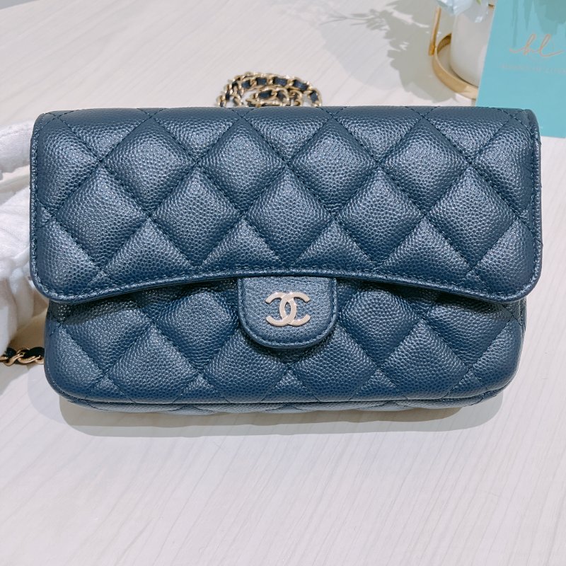TK1898 Chanel 香奈兒 翻蓋 手機包 鏈條錢包 魚子醬牛皮 荔枝紋 寶藍色 金扣 斜背 Flap Phone Holder Wallet On Chain Caviar Navy x GHW-9