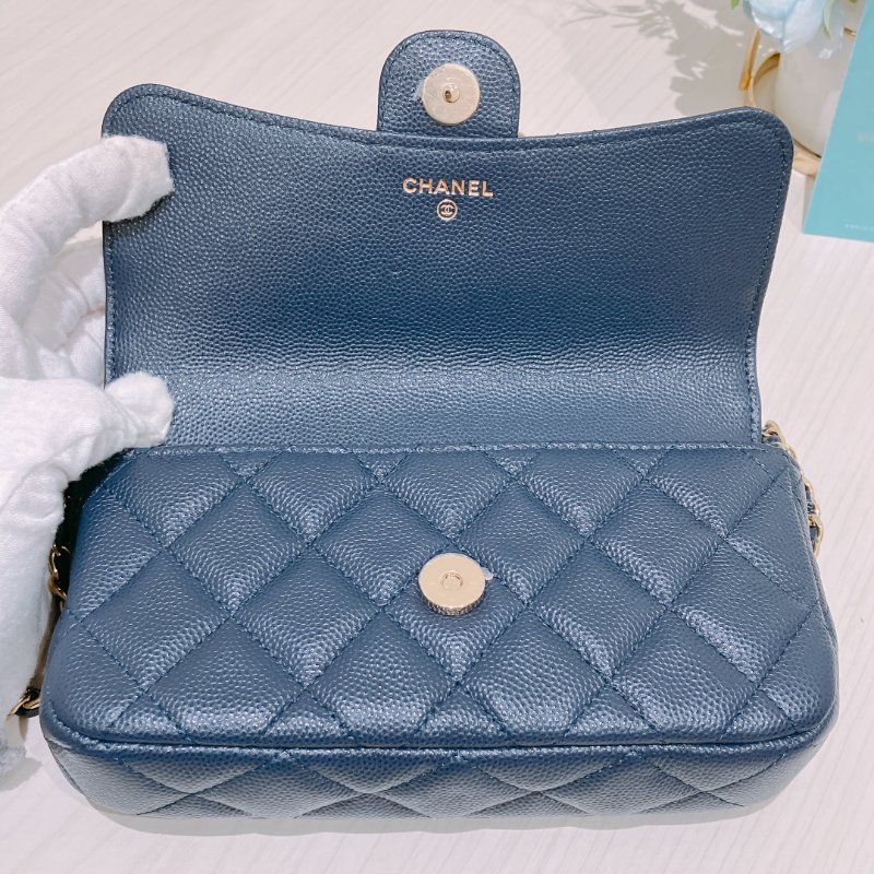 TK1898 Chanel 香奈兒 翻蓋 手機包 鏈條錢包 魚子醬牛皮 荔枝紋 寶藍色 金扣 斜背 Flap Phone Holder Wallet On Chain Caviar Navy x GHW-10