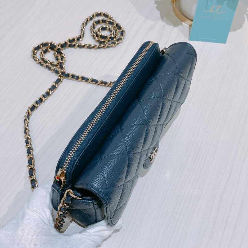 TK1898 Chanel 香奈兒 翻蓋 手機包 鏈條錢包 魚子醬牛皮 荔枝紋 寶藍色 金扣 斜背 Flap Phone Holder Wallet On Chain Caviar Navy x GHW-13