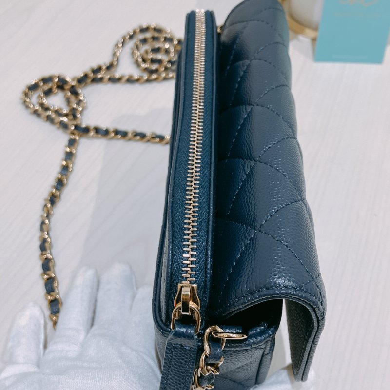 TK1898 Chanel 香奈兒 翻蓋 手機包 鏈條錢包 魚子醬牛皮 荔枝紋 寶藍色 金扣 斜背 Flap Phone Holder Wallet On Chain Caviar Navy x GHW-14