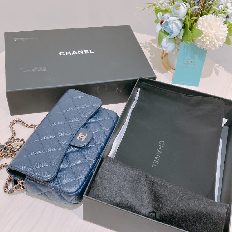 TK1898 Chanel 香奈兒 翻蓋 手機包 鏈條錢包 魚子醬牛皮 荔枝紋 寶藍色 金扣 斜背 Flap Phone Holder Wallet On Chain Caviar Navy x GHW-17