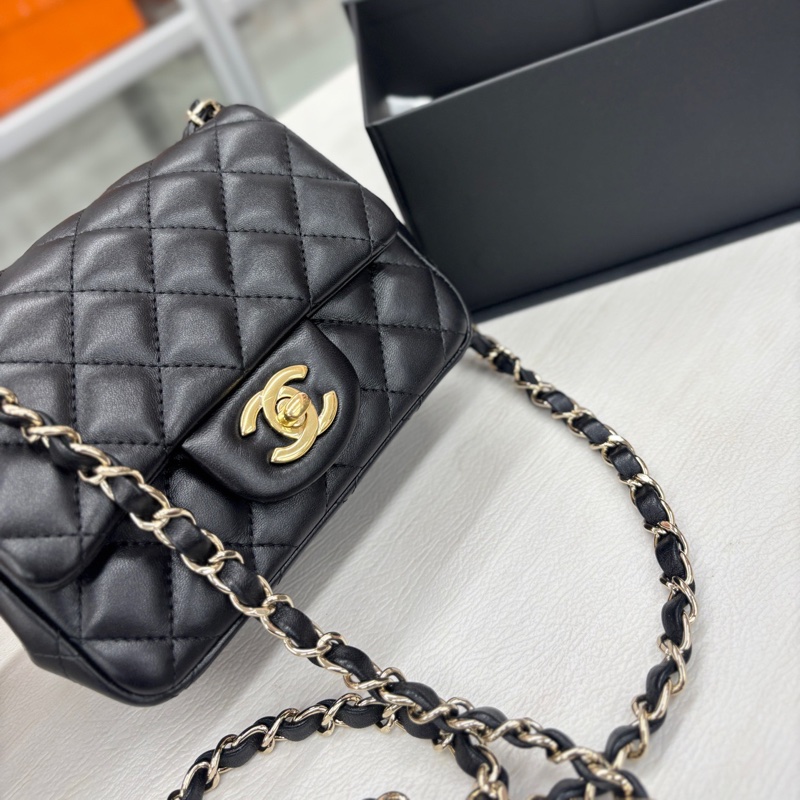 Chanel 芯片款 黑金羊皮方胖子 附件塵袋、盒。-4