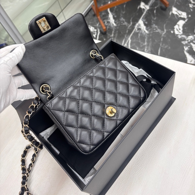 Chanel 芯片款 黑金羊皮方胖子 附件塵袋、盒。-7