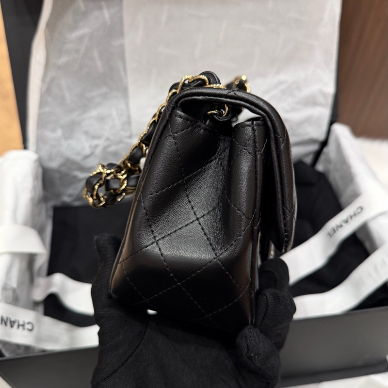 Chanel 芯片款 黑金羊皮方胖子 附件塵袋、盒。-2