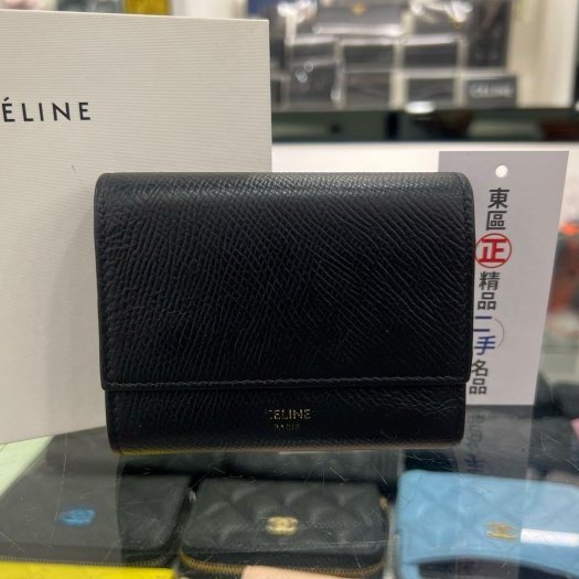東區正精品㊣CELINE 黑色皮革雙扣金釦三折釦子零錢袋短夾 RZ5508-0