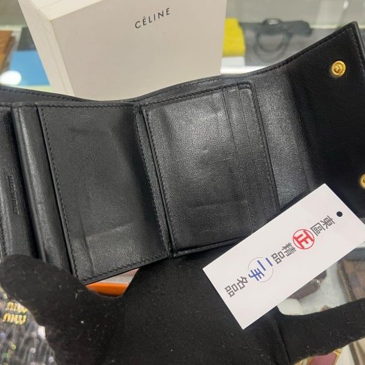 東區正精品㊣CELINE 黑色皮革雙扣金釦三折釦子零錢袋短夾 RZ5508-2