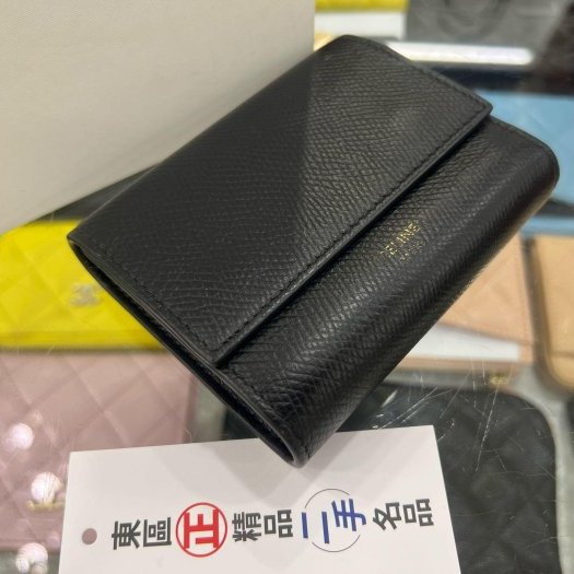 東區正精品㊣CELINE 黑色皮革雙扣金釦三折釦子零錢袋短夾 RZ5508-5