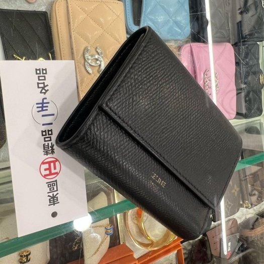 東區正精品㊣CELINE 黑色皮革雙扣金釦三折釦子零錢袋短夾 RZ5508-6